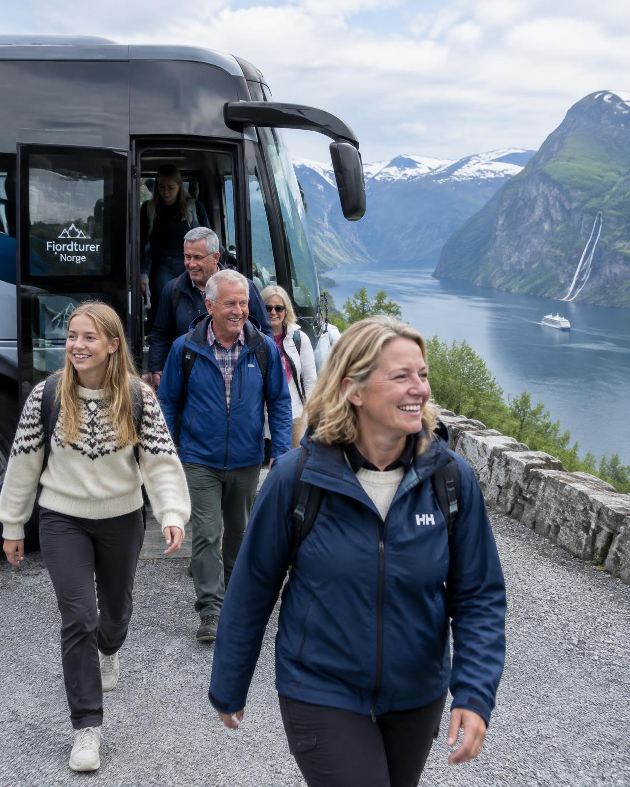 Reisegruppe ved fjorden
